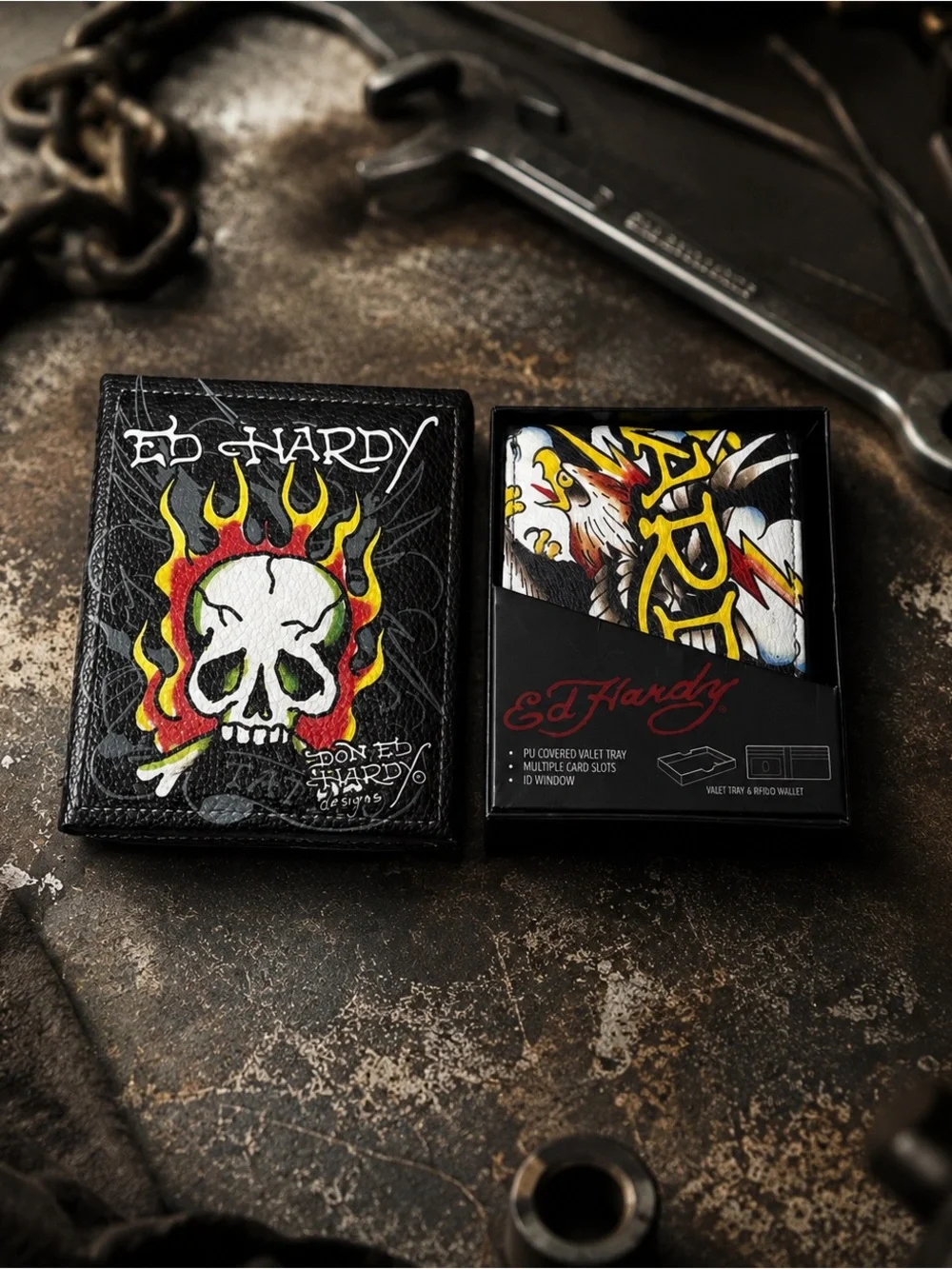 Ed Hardy Men’s Eagle Skull Bifold Wallet Valet Tray NIB Y2K Tattoo